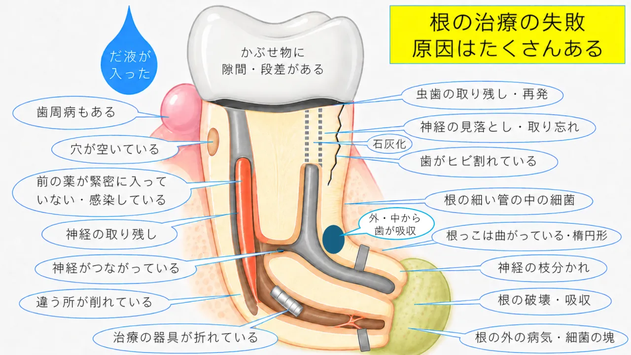 根の治療がうまくいかない原因は様々あることを示す図解